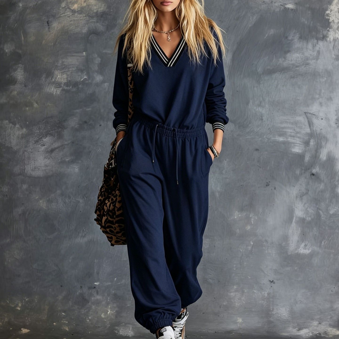 Women's V-Neck Long Sleeve Top and Drawstring Pants Two-Piece Set