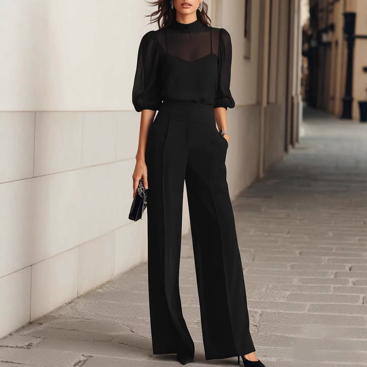 Women's Summer Slimming Print Short Sleeve Wide Leg Pants 3-Piece Set