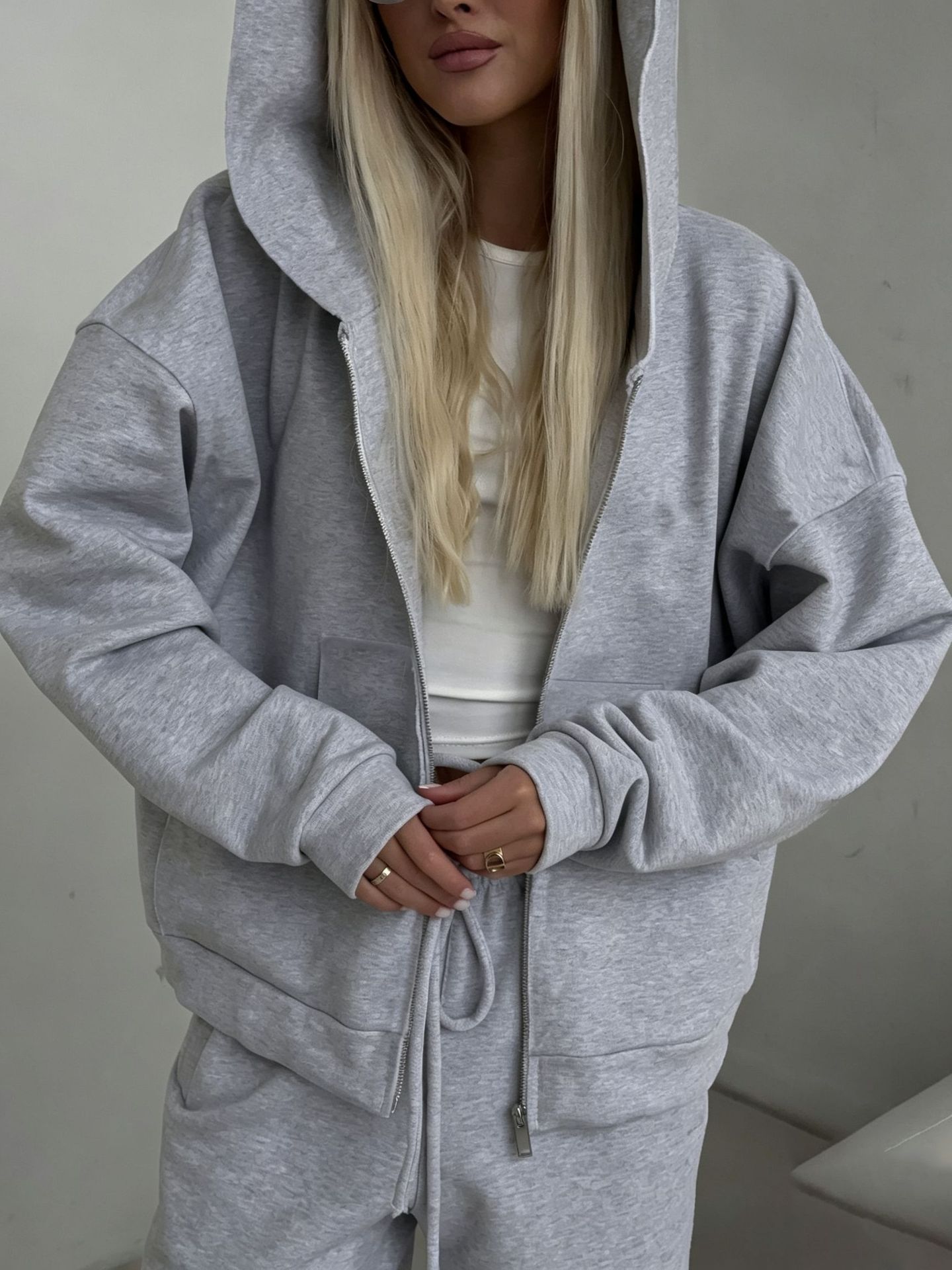 Women's Zip-Up Hooded Cardigan and Drawstring Pants Two-Piece Casual Set