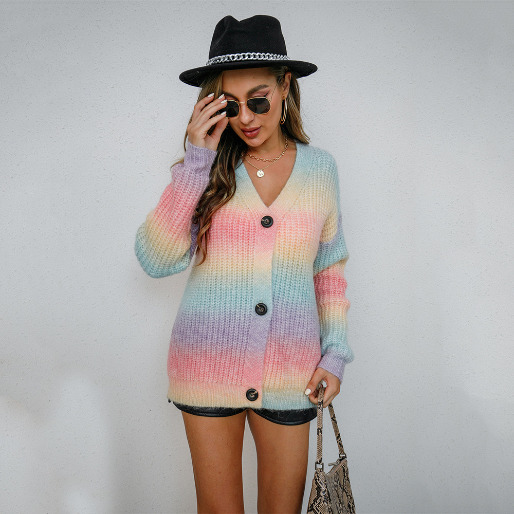 Gradient Rainbow Button-Up Knit Cardigan
