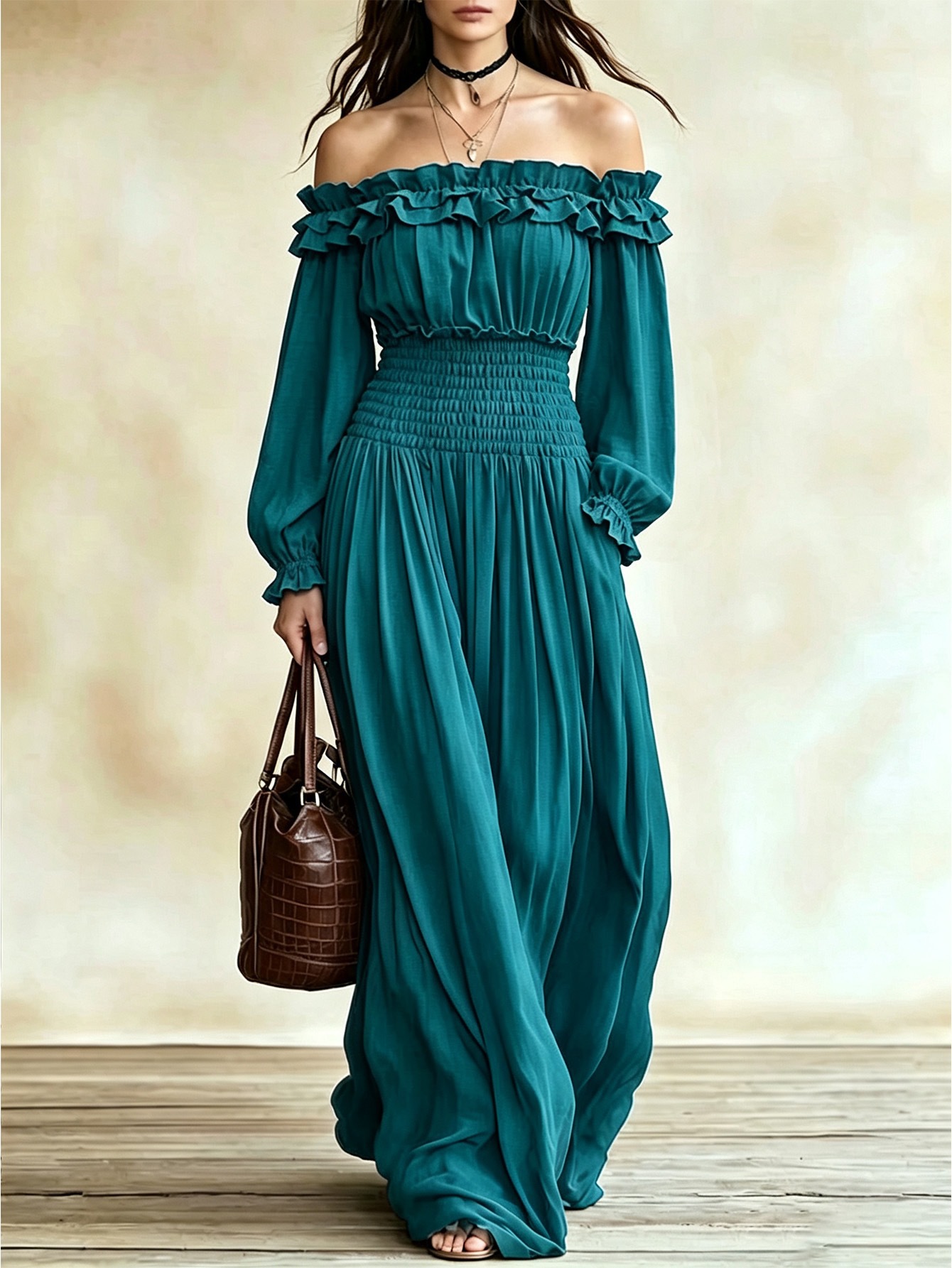 Women's Off-Shoulder Ruffle Long Sleeve Waist-Cinching Midi Dress