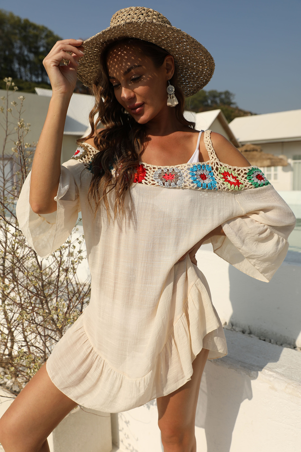 Hand-Crochet Spliced Cold-Shoulder Ruffle Beach Dress