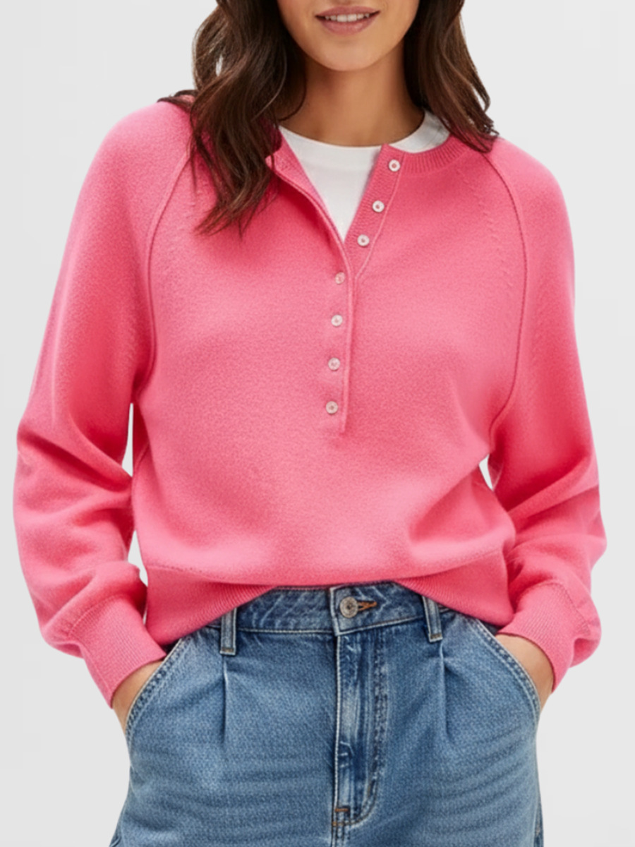 Women's Casual Crewneck Button-Front Knit Henley Sweater