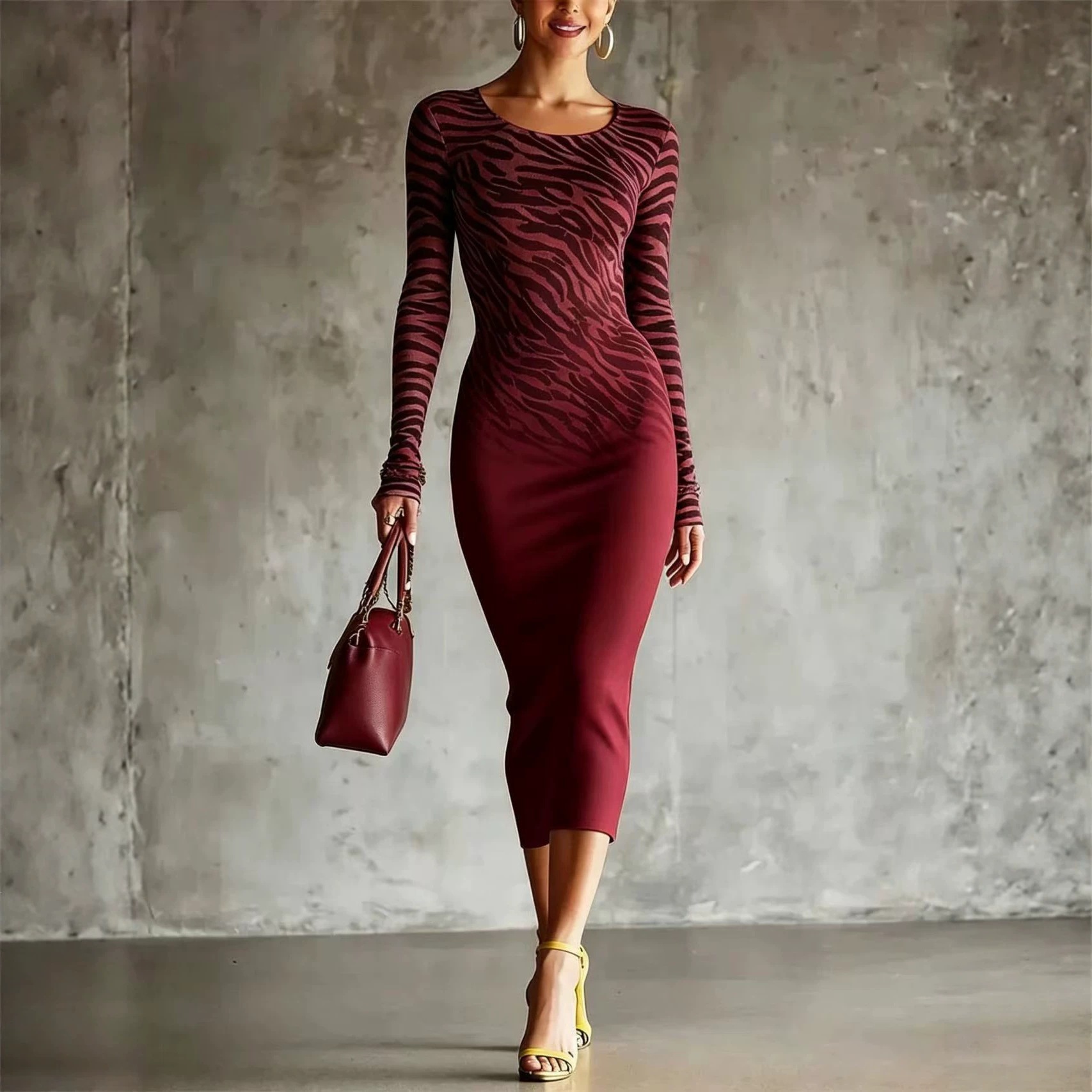 Gradient Zebra Print Long Sleeve Bodycon Midi Dress