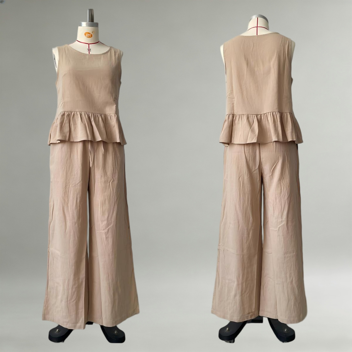 Women's Cotton-Linen Ruffle Sleeveless Wide-Leg Pants Set