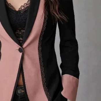 Retro Single-Button Color-Block Blazer with Lace Trim