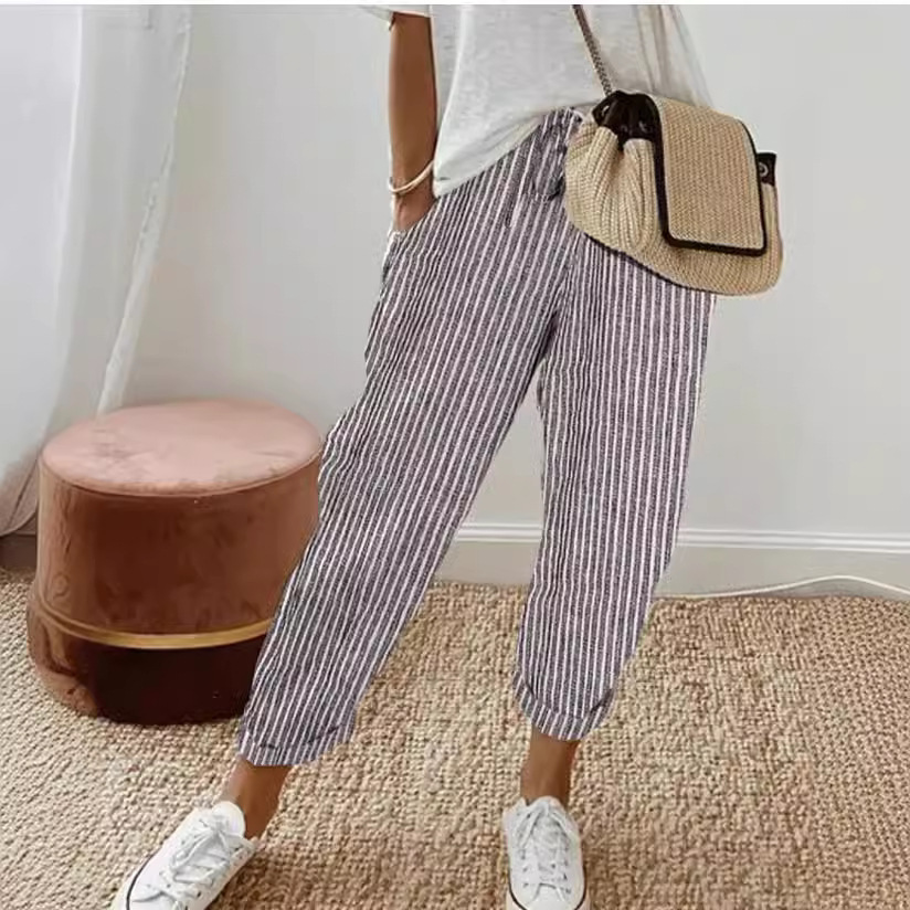 Striped Casual Pants Women Loose Elastic Waist