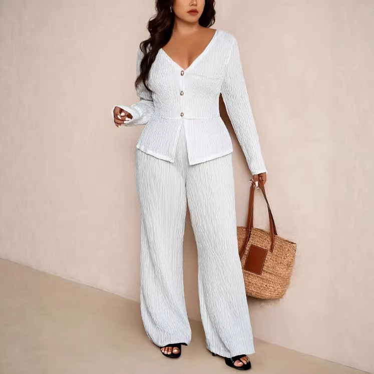 Women's Long Sleeve Ruched Top and High Waist Wide Leg Pants Two-Piece Set