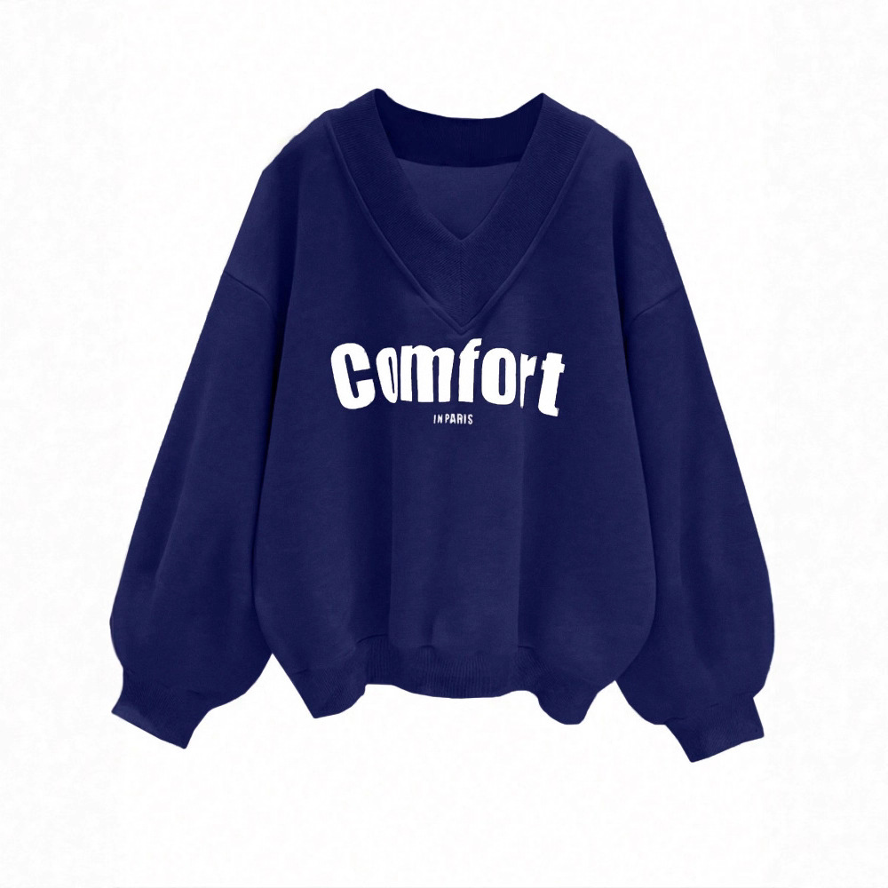 Gray V-Neck Pullover Sweatshirt Women's Loose Casual