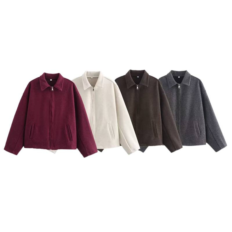 Retro Brown Zip-Up Long-Sleeve Cropped Jacket