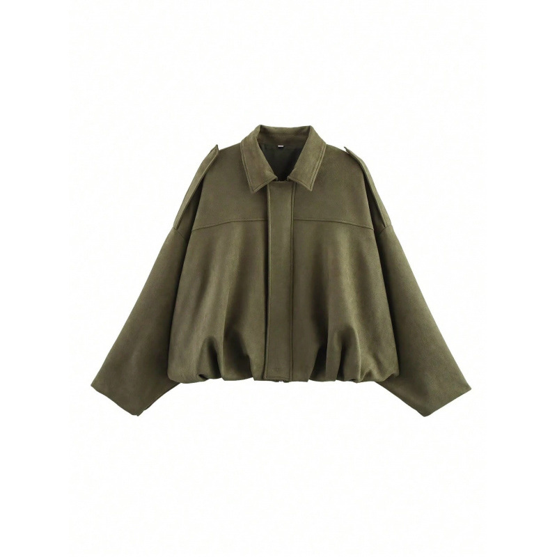 Sueded Faux Leather Bomber Jacket with Collar