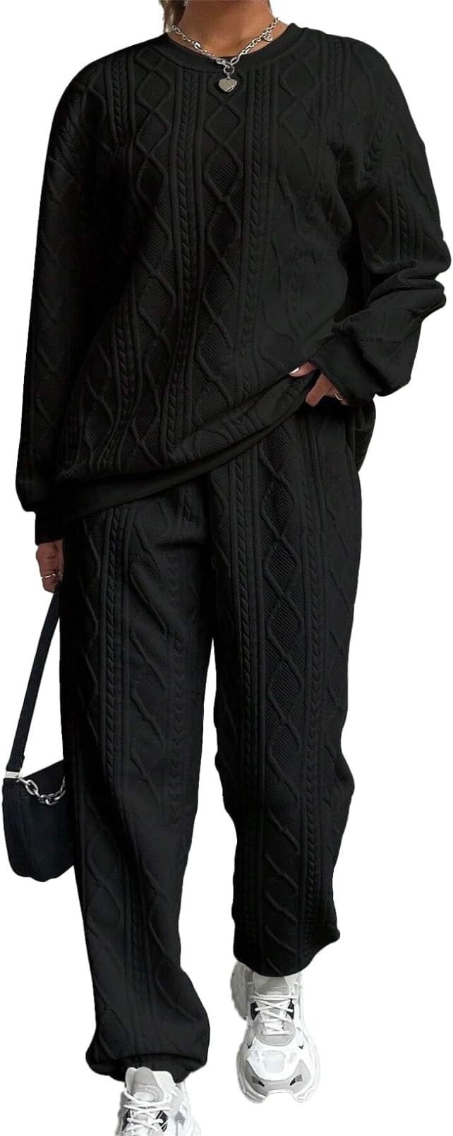 Women's Cable Knit Patchwork Long Sleeve Round Neck Top and Jogger Pants Two-Piece Set
