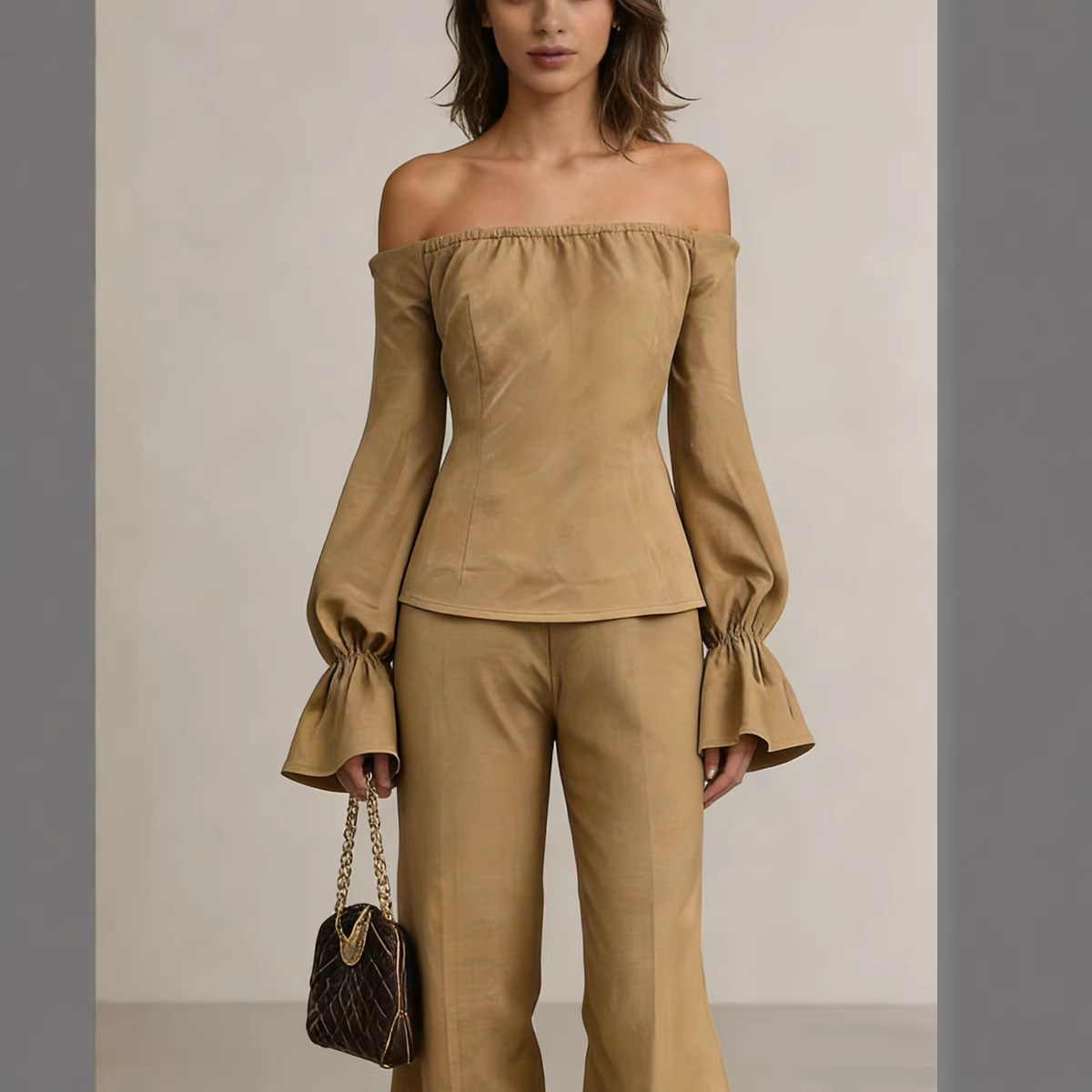 Puff Sleeve Off-Shoulder Top and Wide-Leg Pants Two-Piece Set