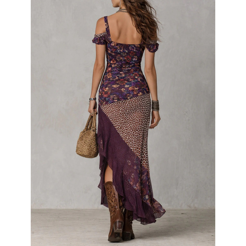 Women's Sleeveless Printed Patchwork Asymmetrical Maxi Dress