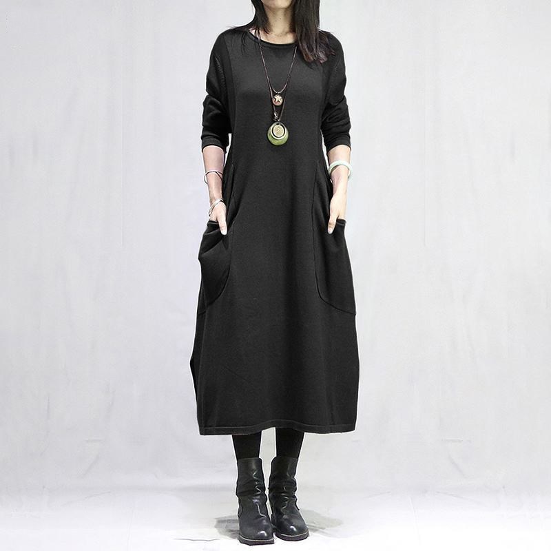 Women's O-Neck Long Sleeve Fleece Sweatshirt Dress Loose Solid Color Pullover