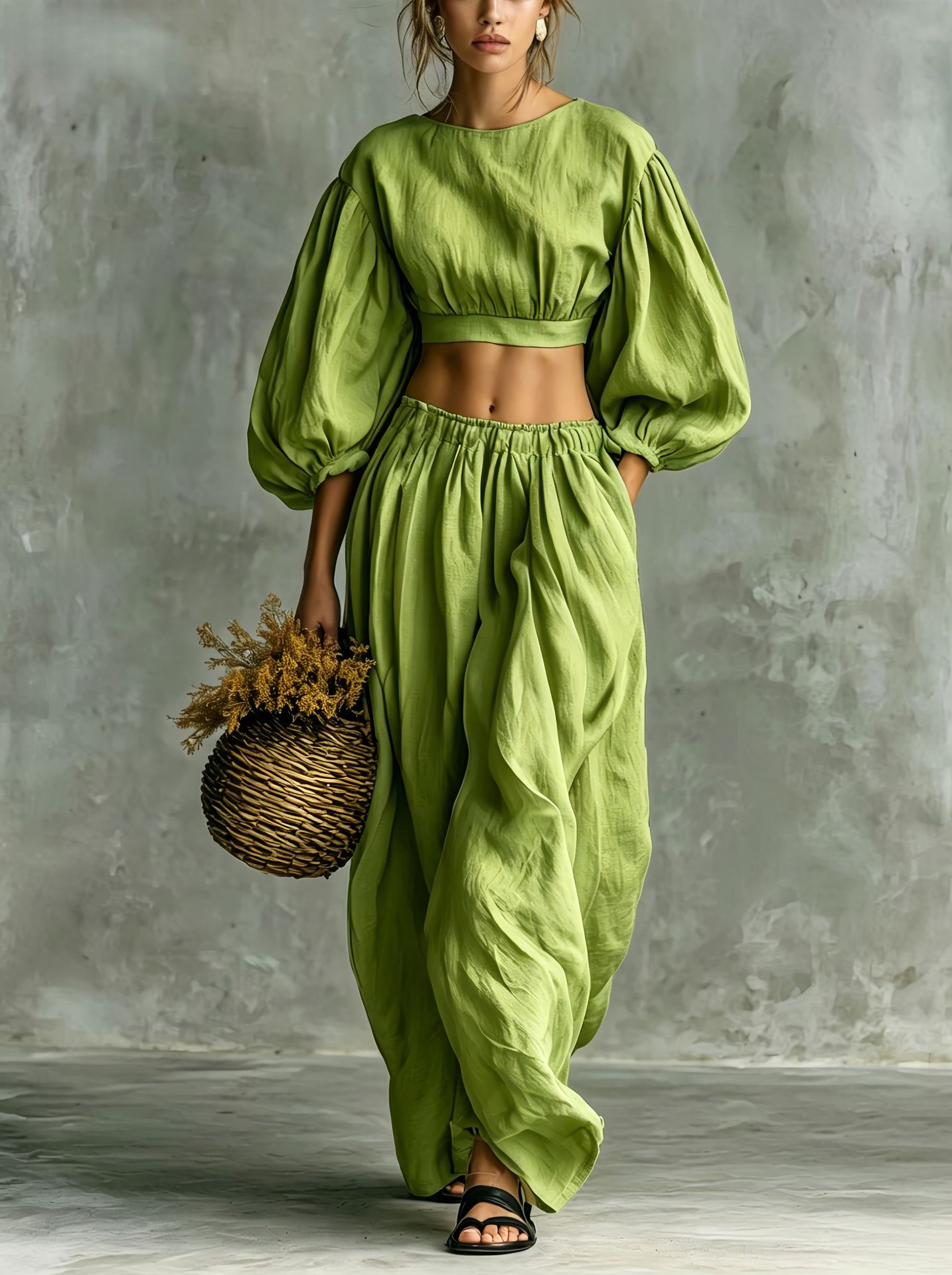Women's Crewneck Puff Sleeve Pocket Pants Casual Set