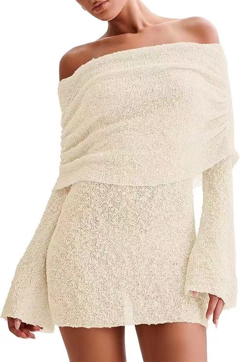 Sheer Knit Off-Shoulder Long-Sleeve Mini Bodycon Dress