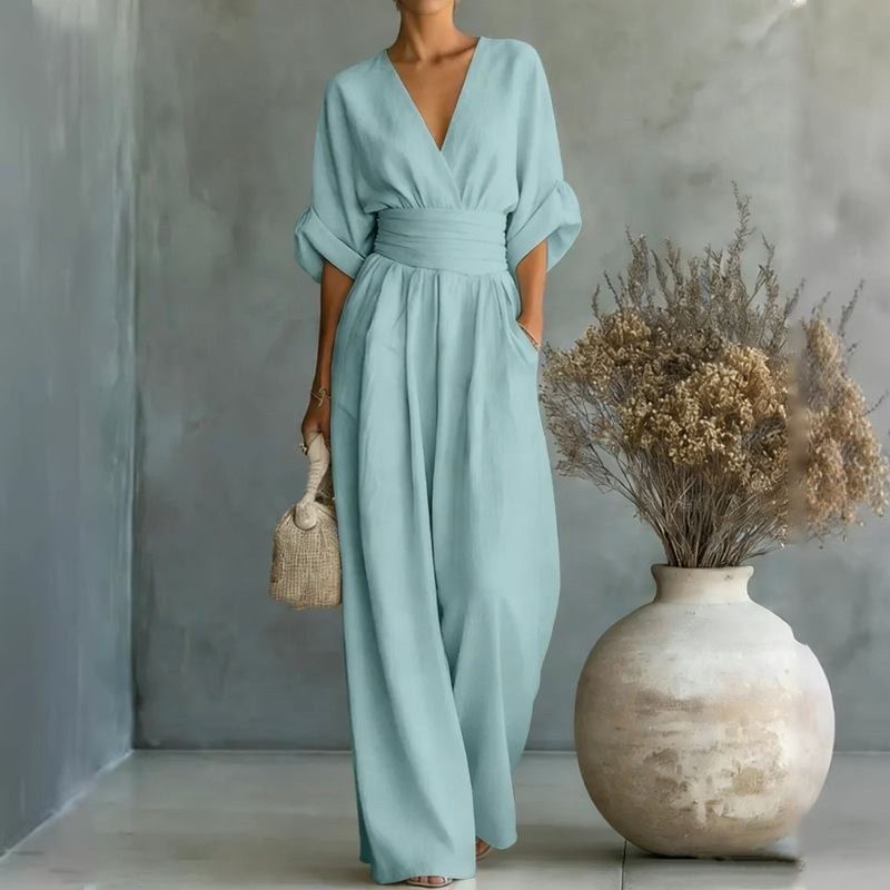 Women's Solid V-Neck Slim Waist Wide-Leg Jumpsuit