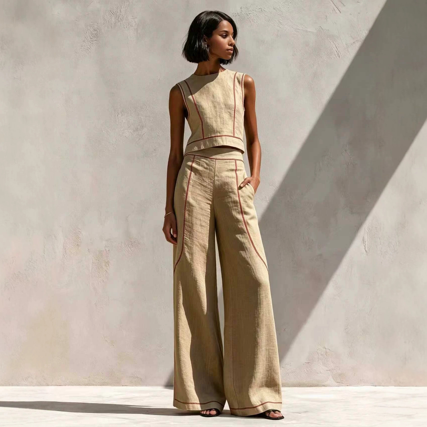 Sleeveless Color-Block Wide-Leg Pants Set Women's Casual Two-Piece