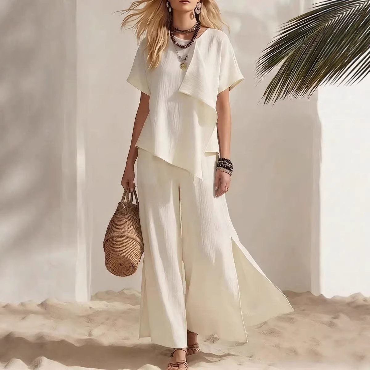 Women's Casual Asymmetric Short Sleeve Top and Slit Wide Leg Pants Set