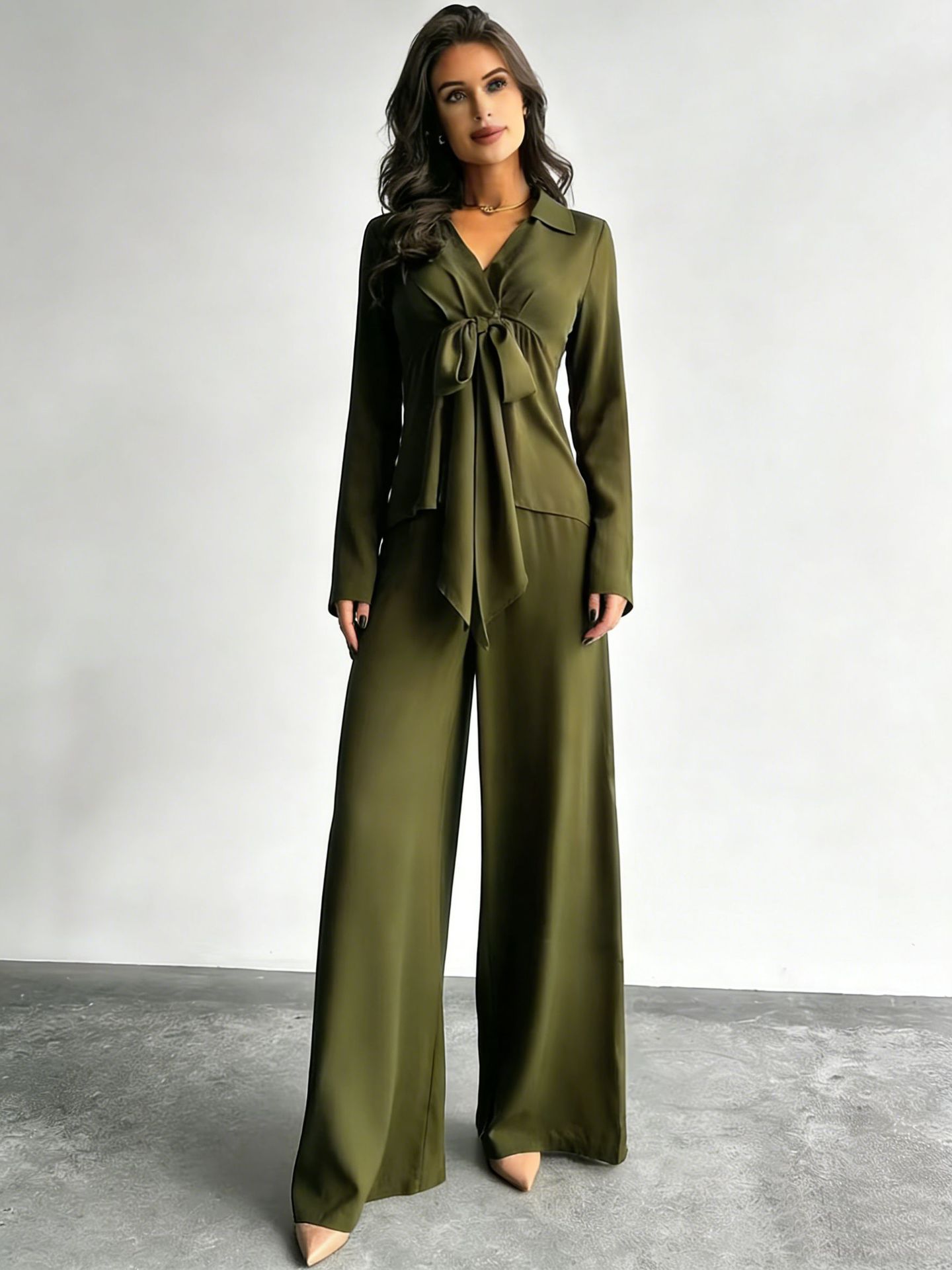 Women's Casual Two-Piece Set with Drawstring Top and Wide-Leg Pants