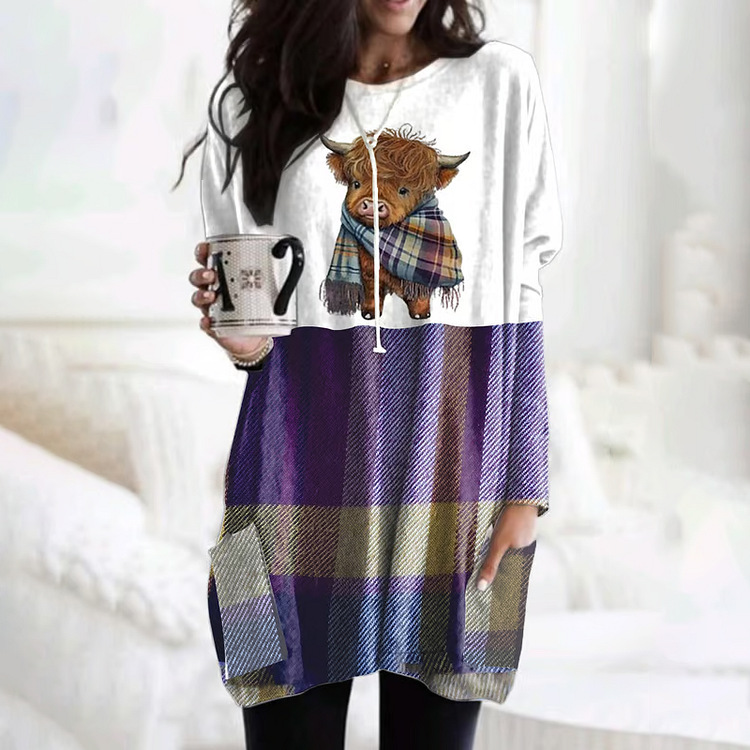 Women's Animal Print A-Line Midi Dress Long Sleeve Crew Neck Casual