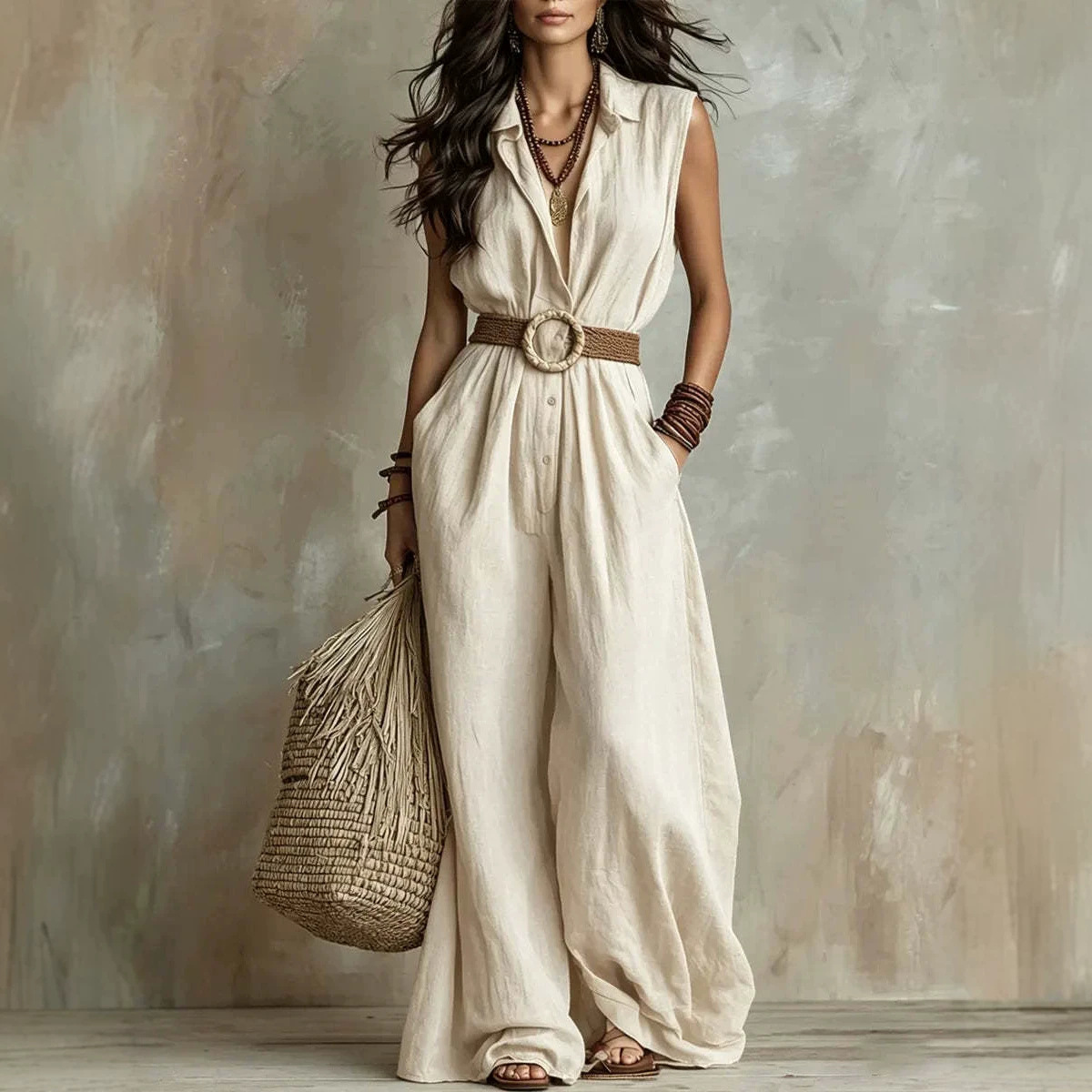 Women's Sleeveless Wide-Leg Jumpsuit with Collar and Waist Tie