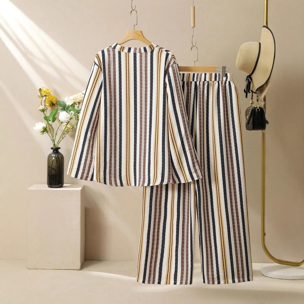 Striped Print V-Neck Long Sleeve Top and Pants Set