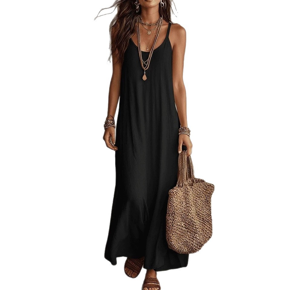 Boho Solid Color V-Neck Cami Dress Relaxed Fit