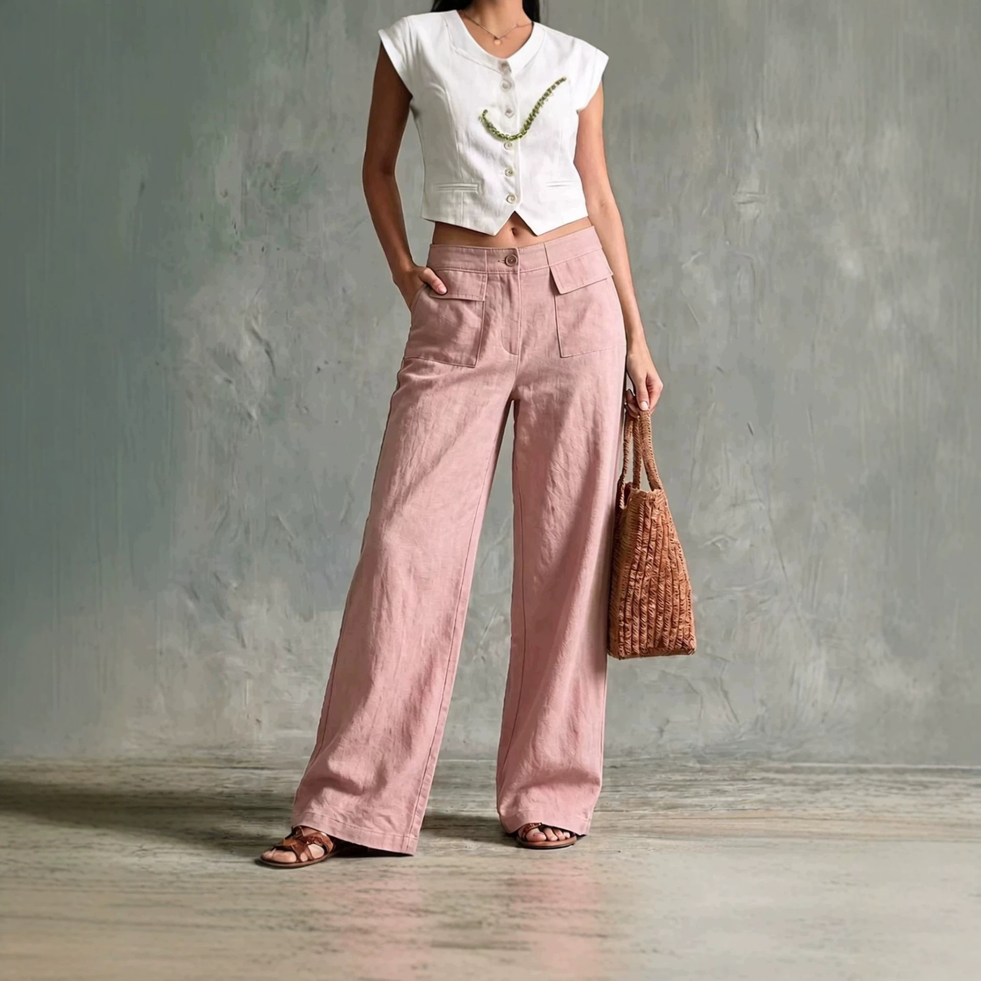 Women's Solid Cotton-Linen Wide-Leg Casual Pants