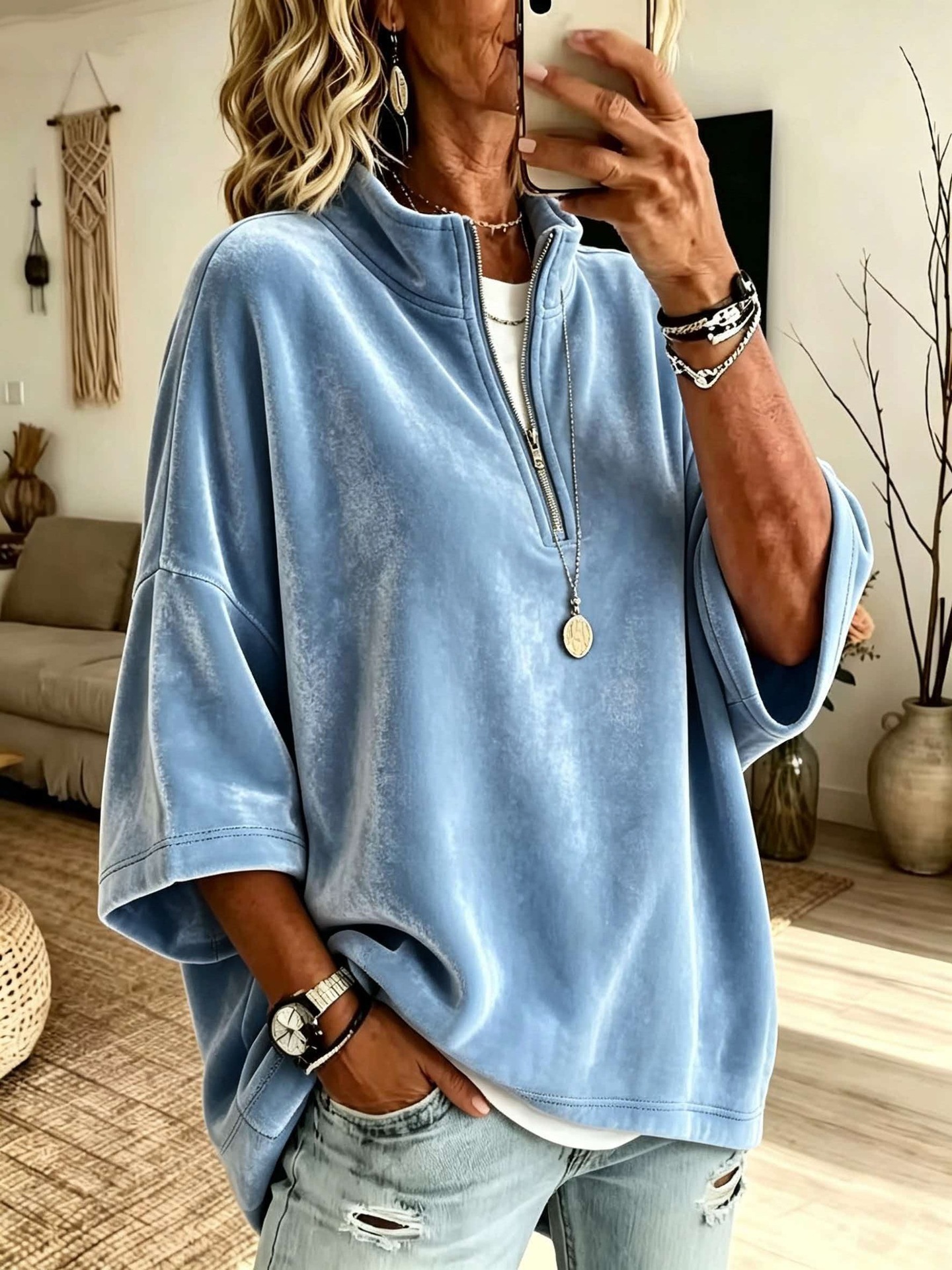 Women's Velvet Zip-Up Top with 7/8 Sleeves and High Neck