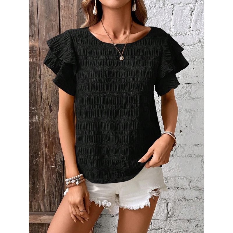 Women's Summer Double Ruffle Sleeve Round Neck Pullover T-Shirt