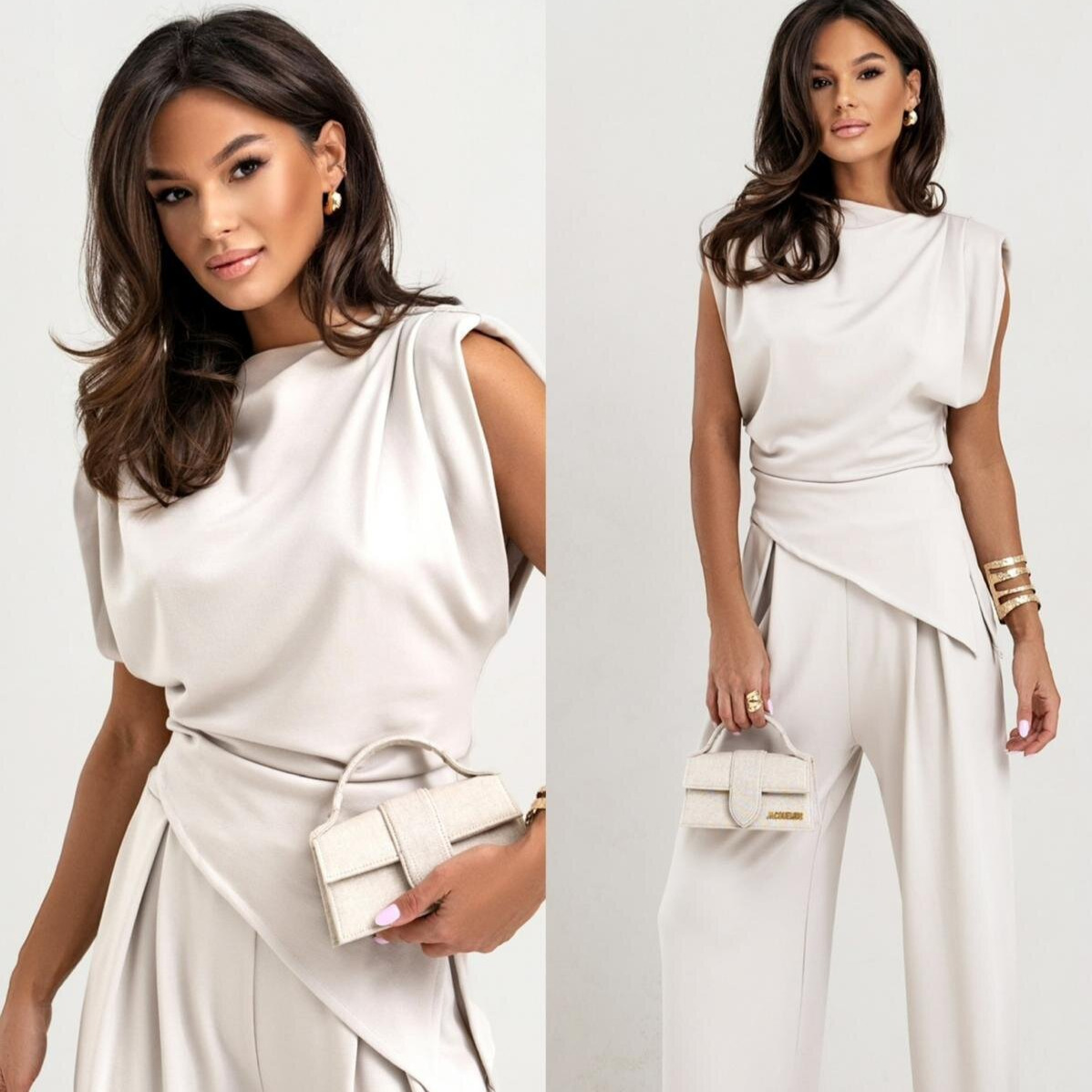 Women's Casual Solid Color Asymmetrical Short Sleeve Two-Piece Set