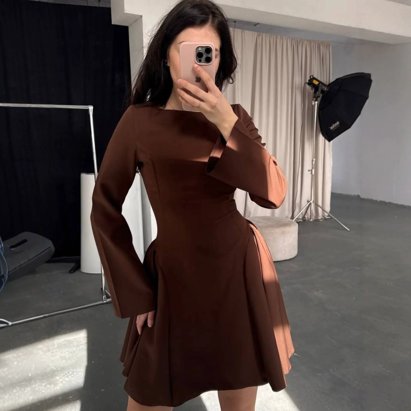 Elegant Long-Sleeve Short Dress with Boat Neck