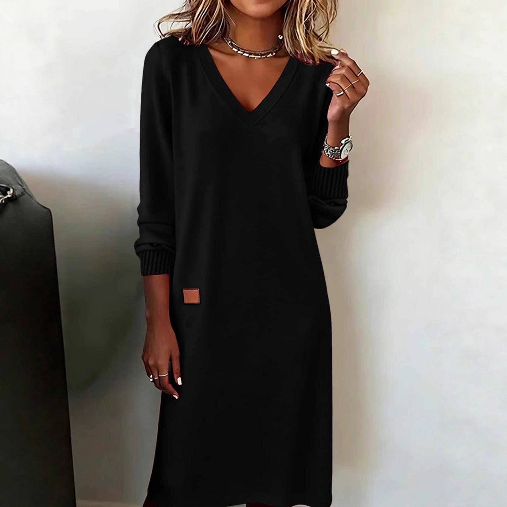 V-Neck Long Sleeve Bodycon Knit Dress