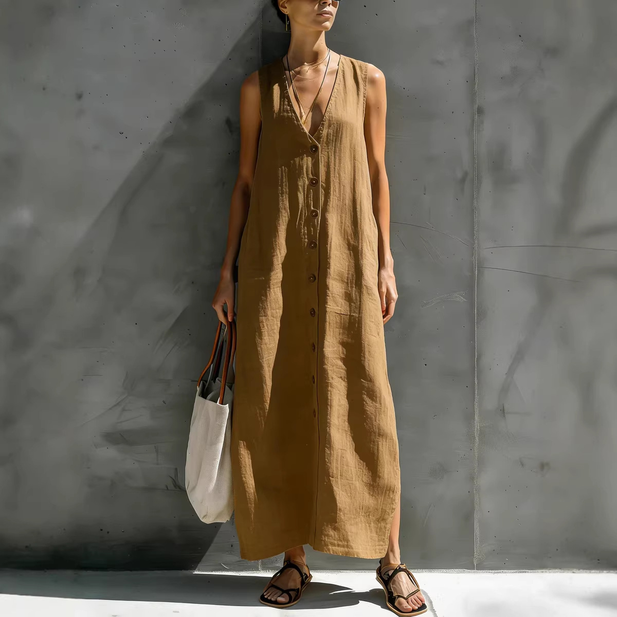 Solid V-Neck Button Sleeveless Cotton-Linen Maxi Dress