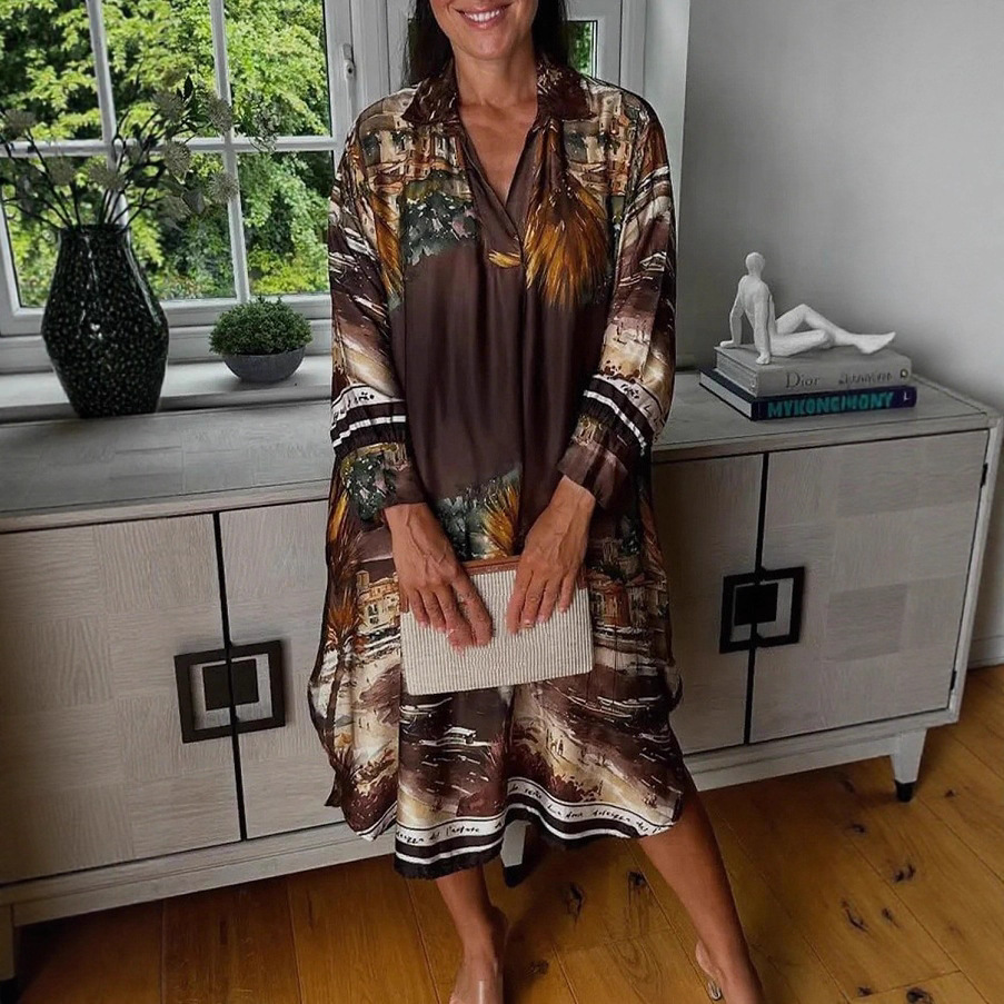 Women's Floral Print V-Neck Long Sleeve Loose Casual Dress
