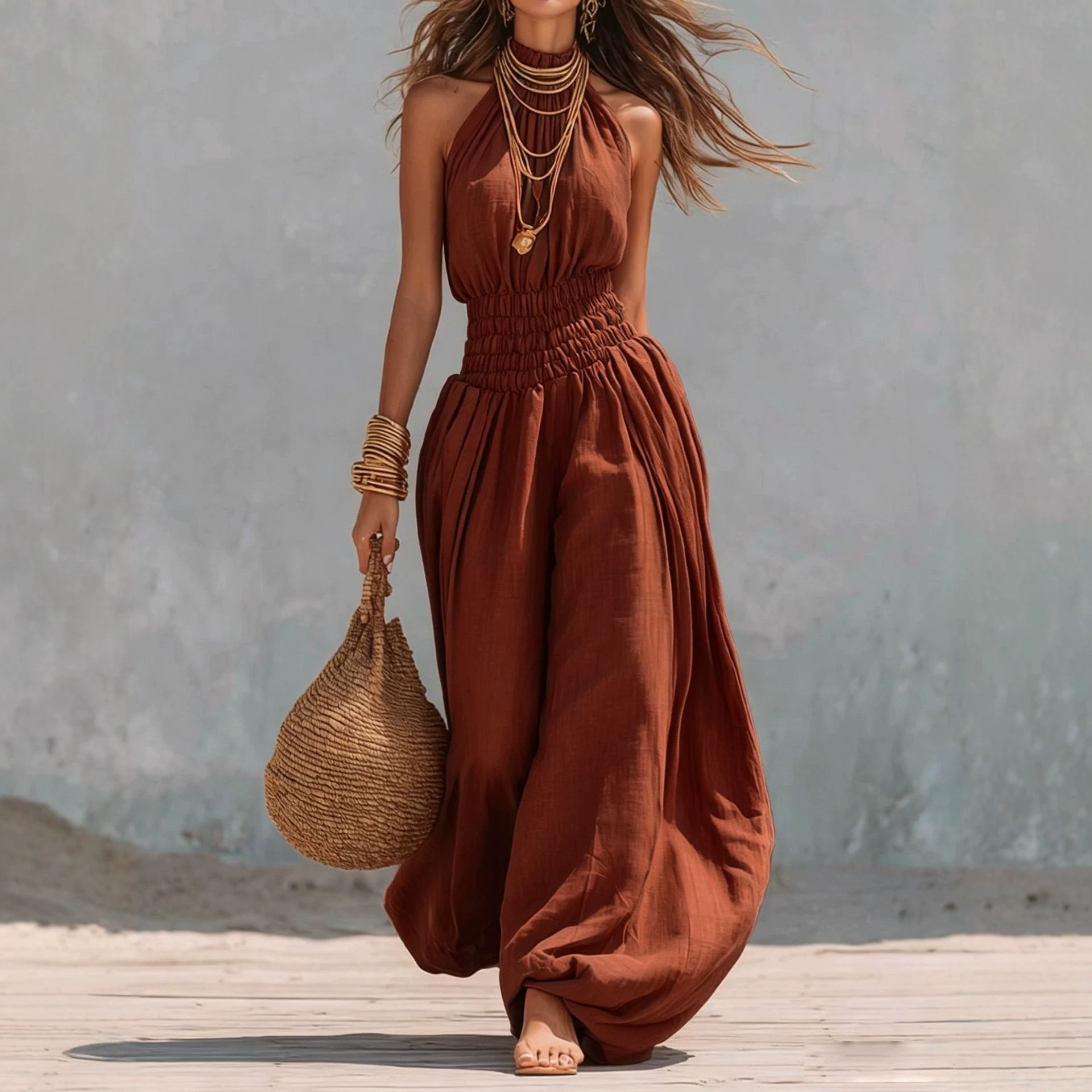 Women's Sleeveless Halter Lantern Jumpsuit Streetwear Solid Color