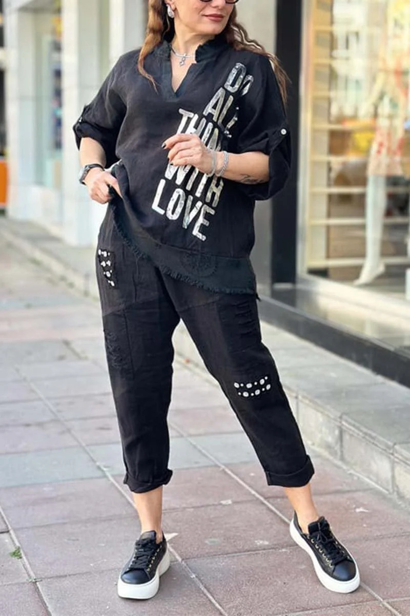 Letter Print Half-Sleeve Long Pants Loose Two-Piece Set