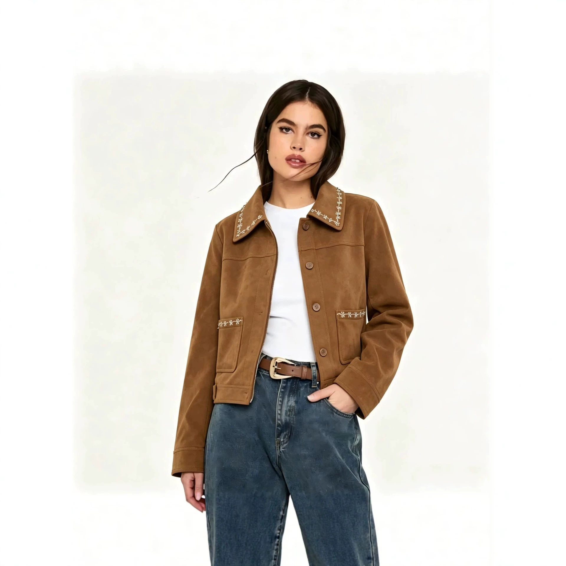 Western Embroidered Faux Suede Cropped Jacket for Women