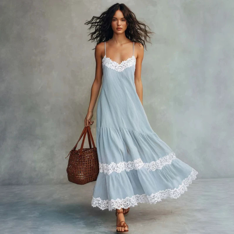 Bohemian Lace Trim Light Blue Cotton-Linen Long Dress