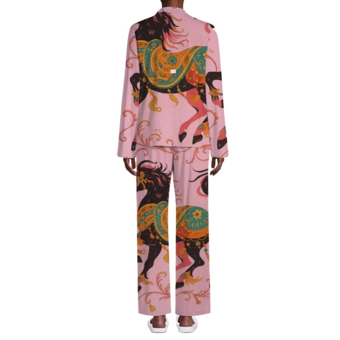 Women's Cuban Collar Horse Print Long Sleeve Loungewear Set