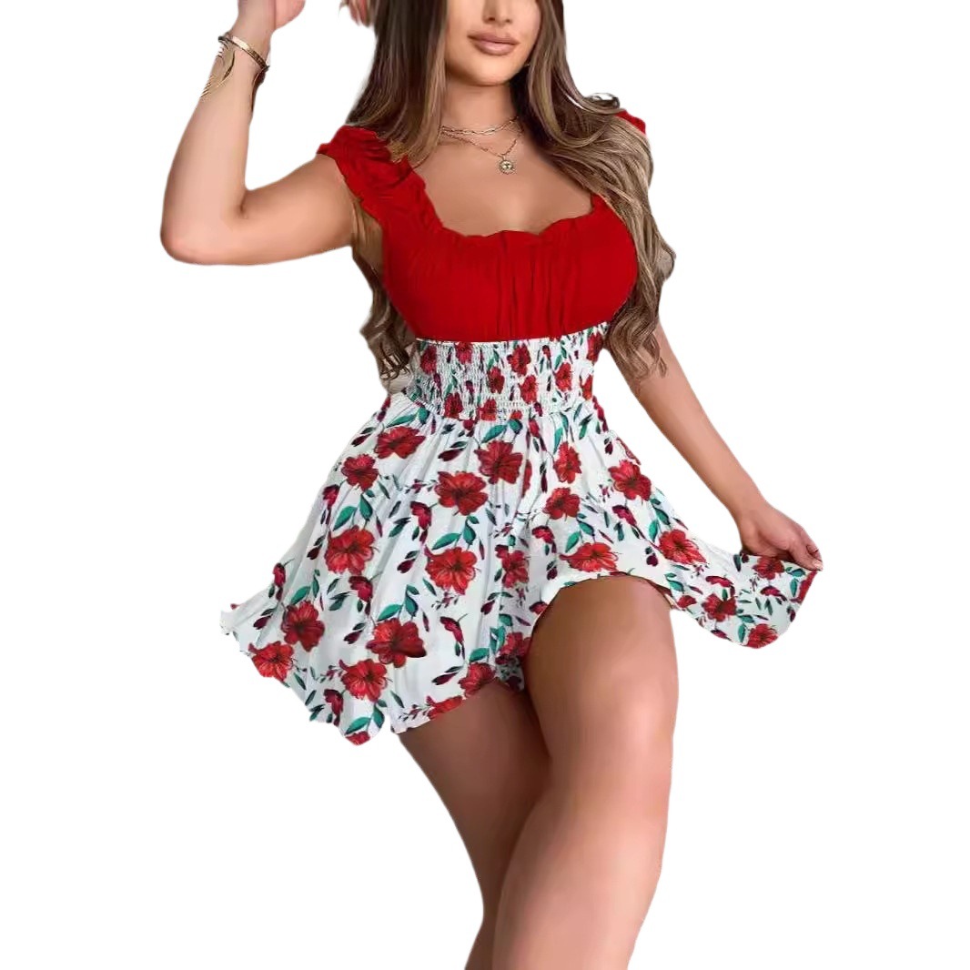 Floral Colorblock Smocked Waist Slimming Round Neck Dress