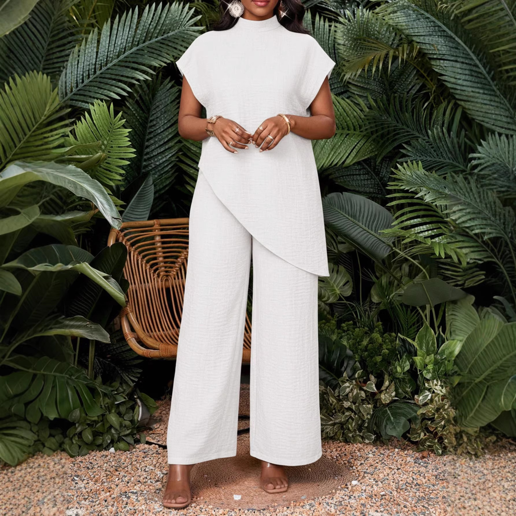 Women's Casual Half-Turtleneck Short-Sleeve Top and Wide-Leg Pants Set with Asymmetric Hem
