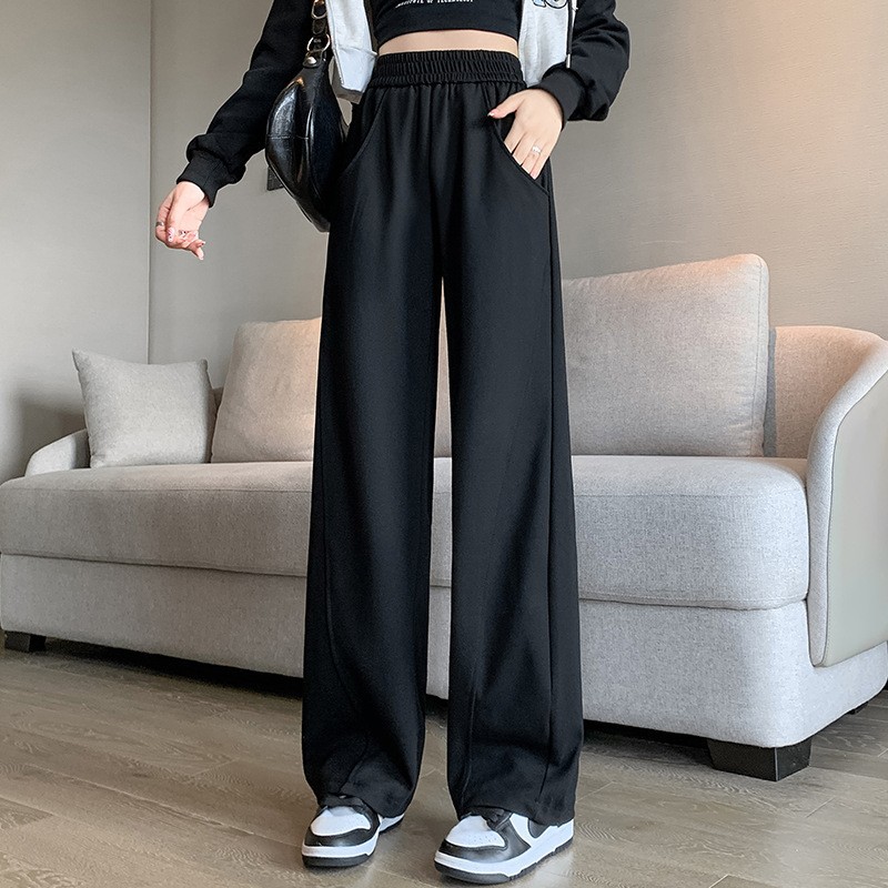 Women's High-Waist Straight-Leg Casual Pants with Pockets, Loose Fit, Solid Color