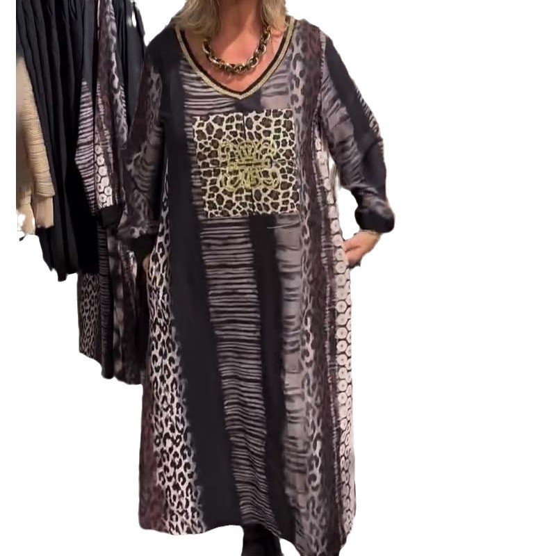 Leopard Print Colorblock V-Neck Long Sleeve Maxi Dress