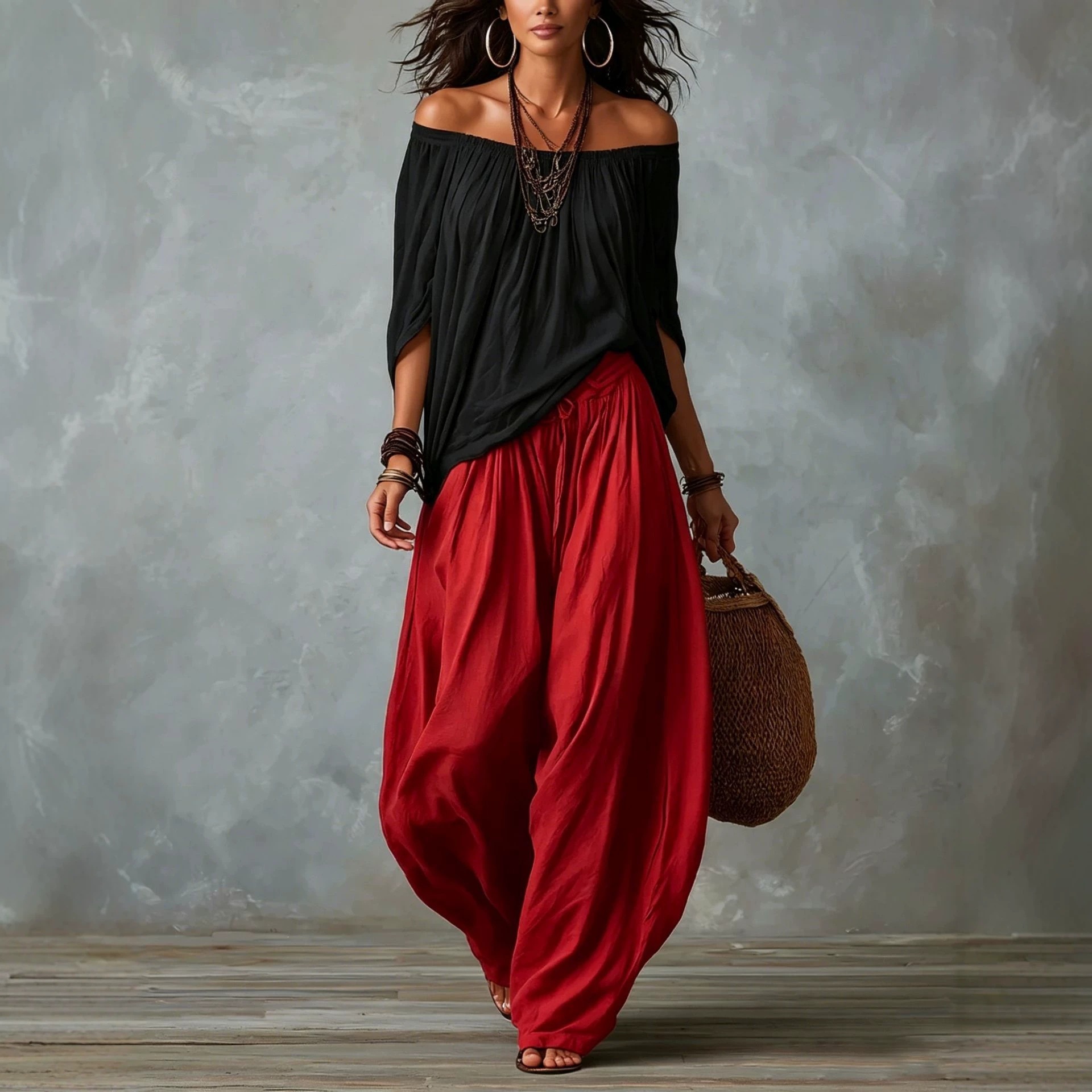 Women's Off-Shoulder Top & Wide-Leg Pants Two-Piece Set