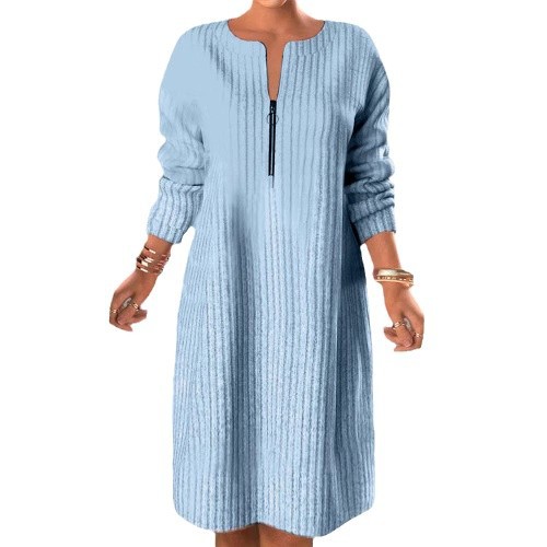 Women's Solid Color Zip-Up Long Sleeve Sweater Dress