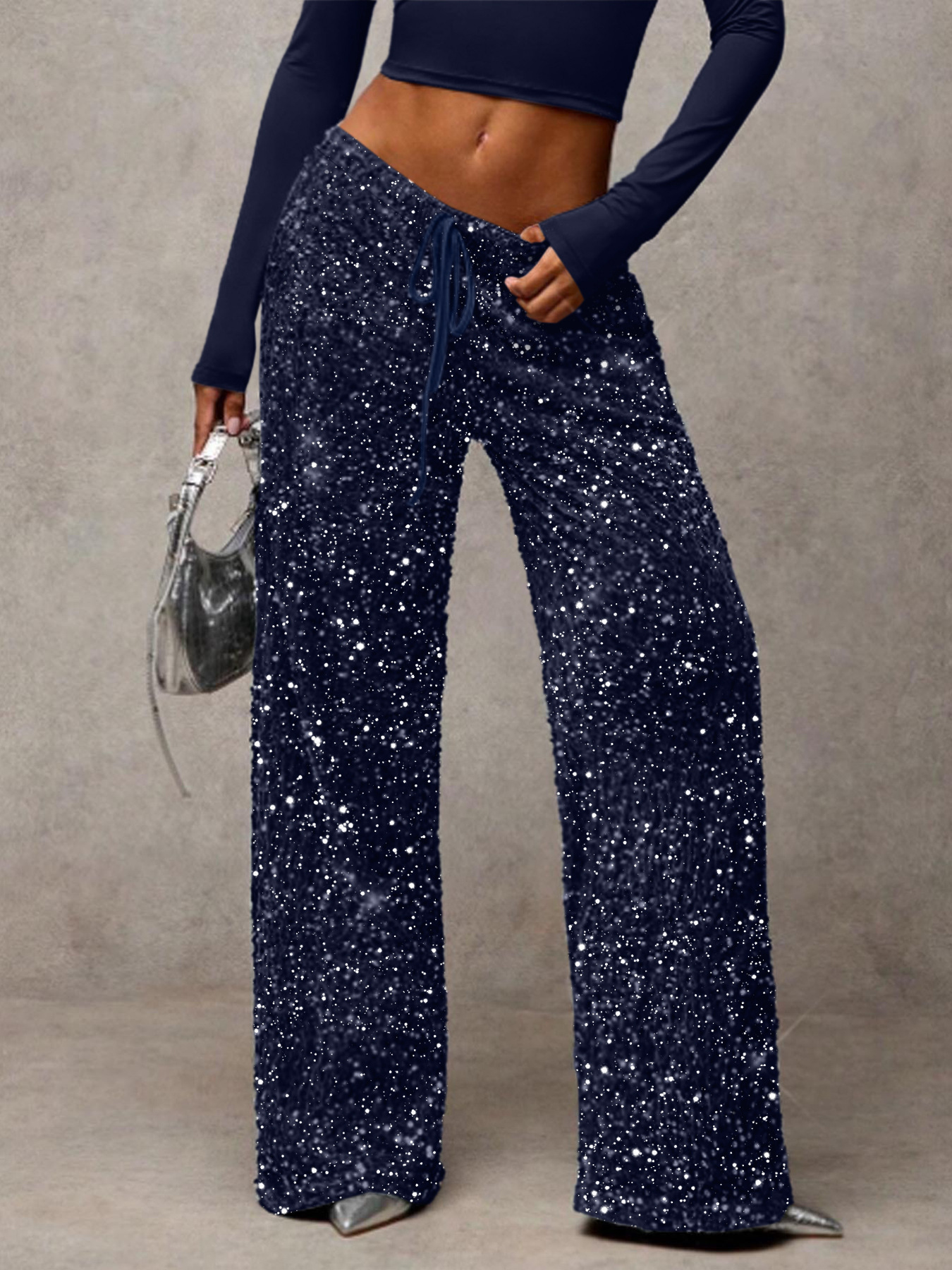 Sequin Drawstring Straight Leg Pants Stretch Slimming Women's