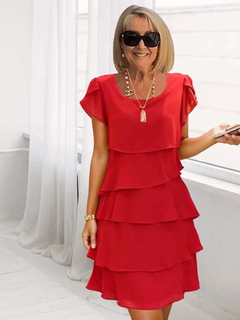 Summer Short Sleeve Tiered Dress Solid Color Round Neck